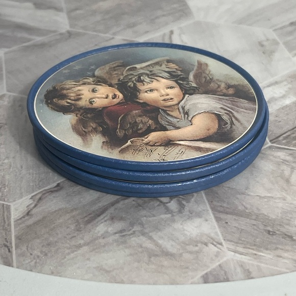 Set of 4 Vintage Angel Cherub Coasters Blue Cork Back 4” Round - Picture 4 of 5
